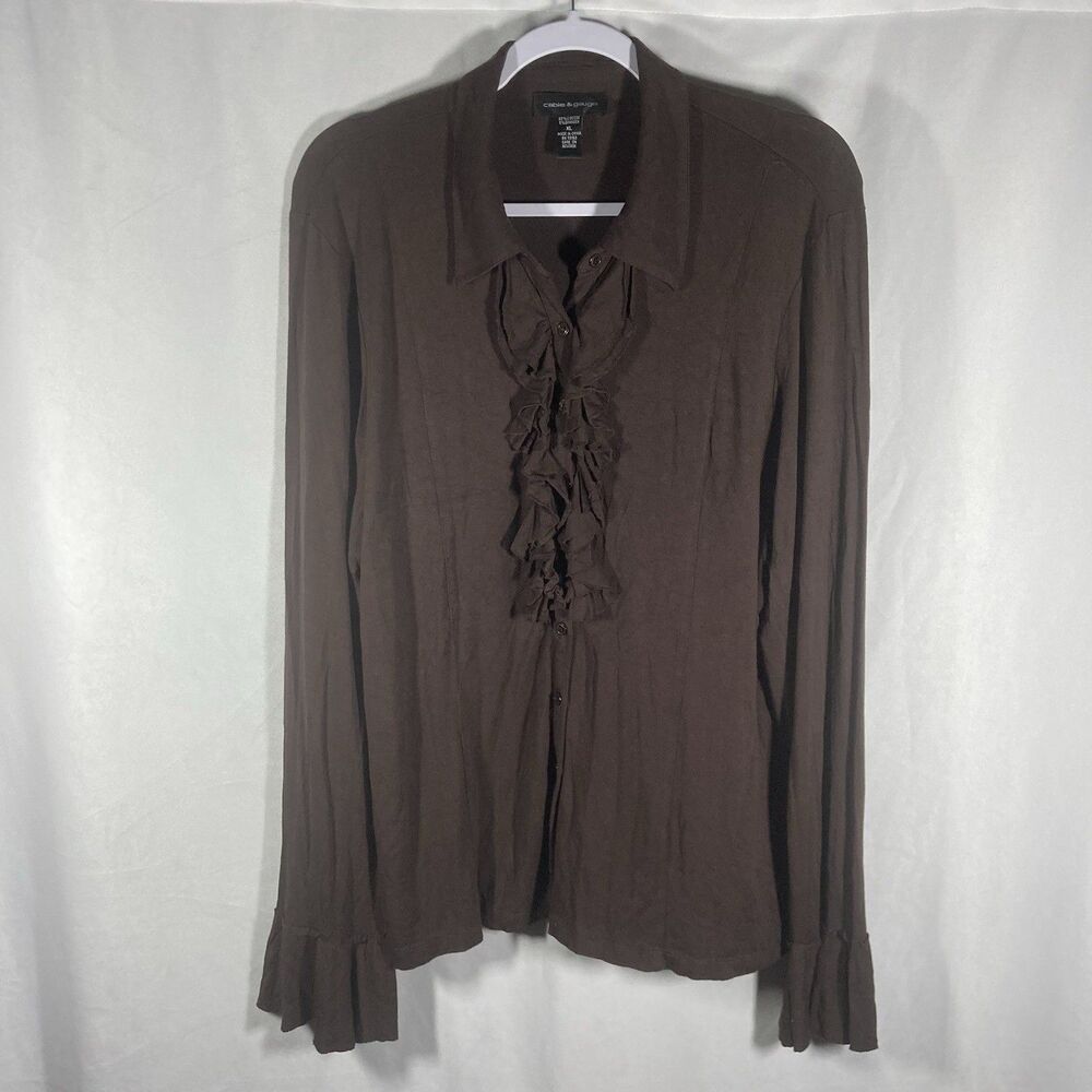 CABLE & GAUGE brown ruffle flared cuffs jersey knit collared button up top XL